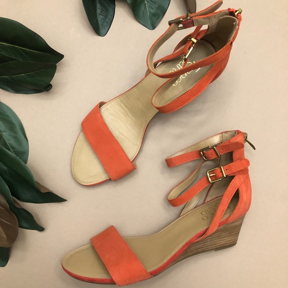 🏷SOLD Franco Sarto NWOT Orange Suede Danissa Ankle Buckle Wedge Sandal 9.5 - Picture 3 of 12